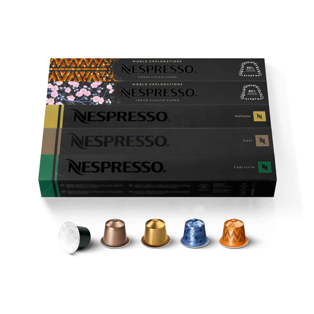 Nespresso paquete frontal mostrando 50 cápsulas y variedad de sabores