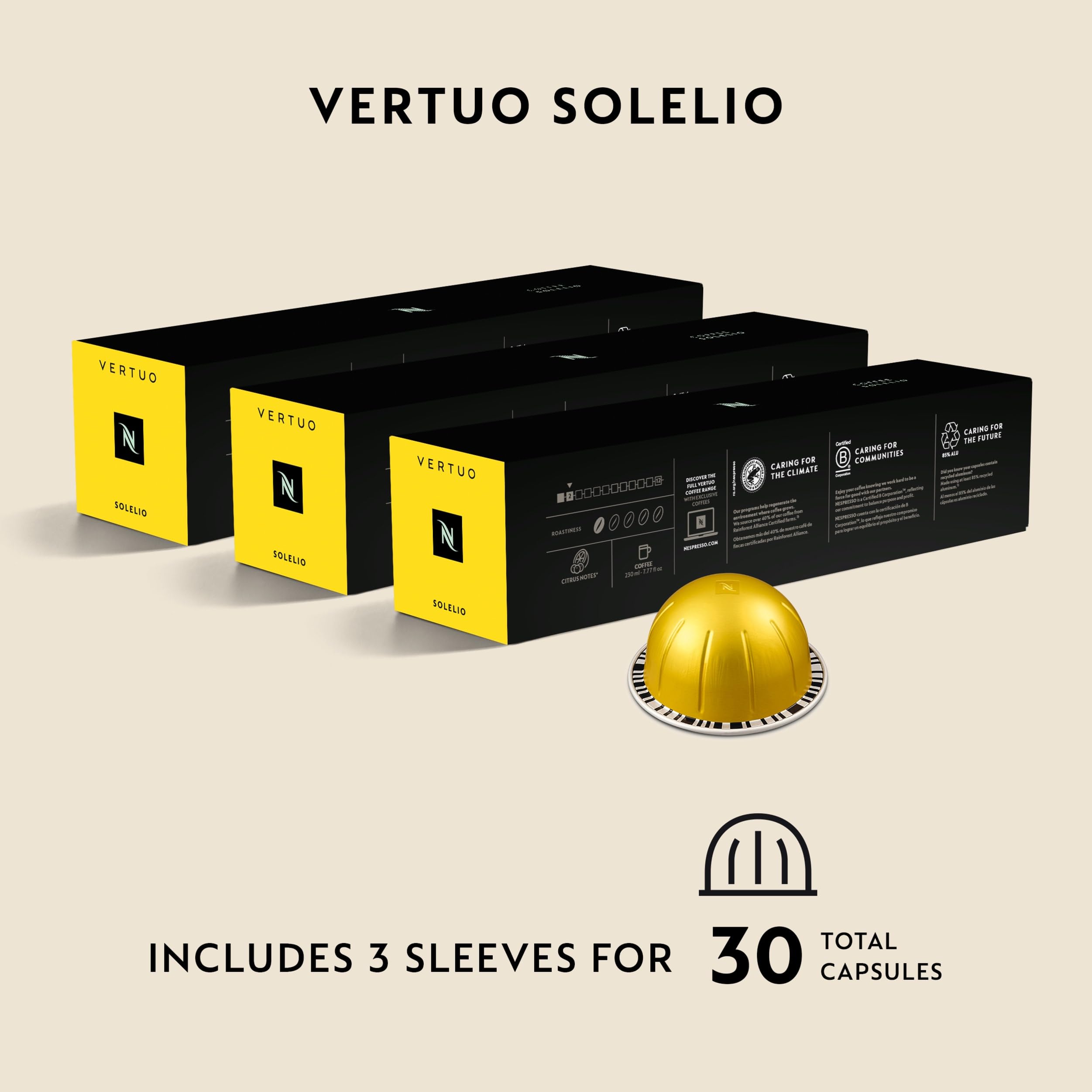 Nespresso Solelio paquete abierto que muestra 30 cápsulas listo para uso diario