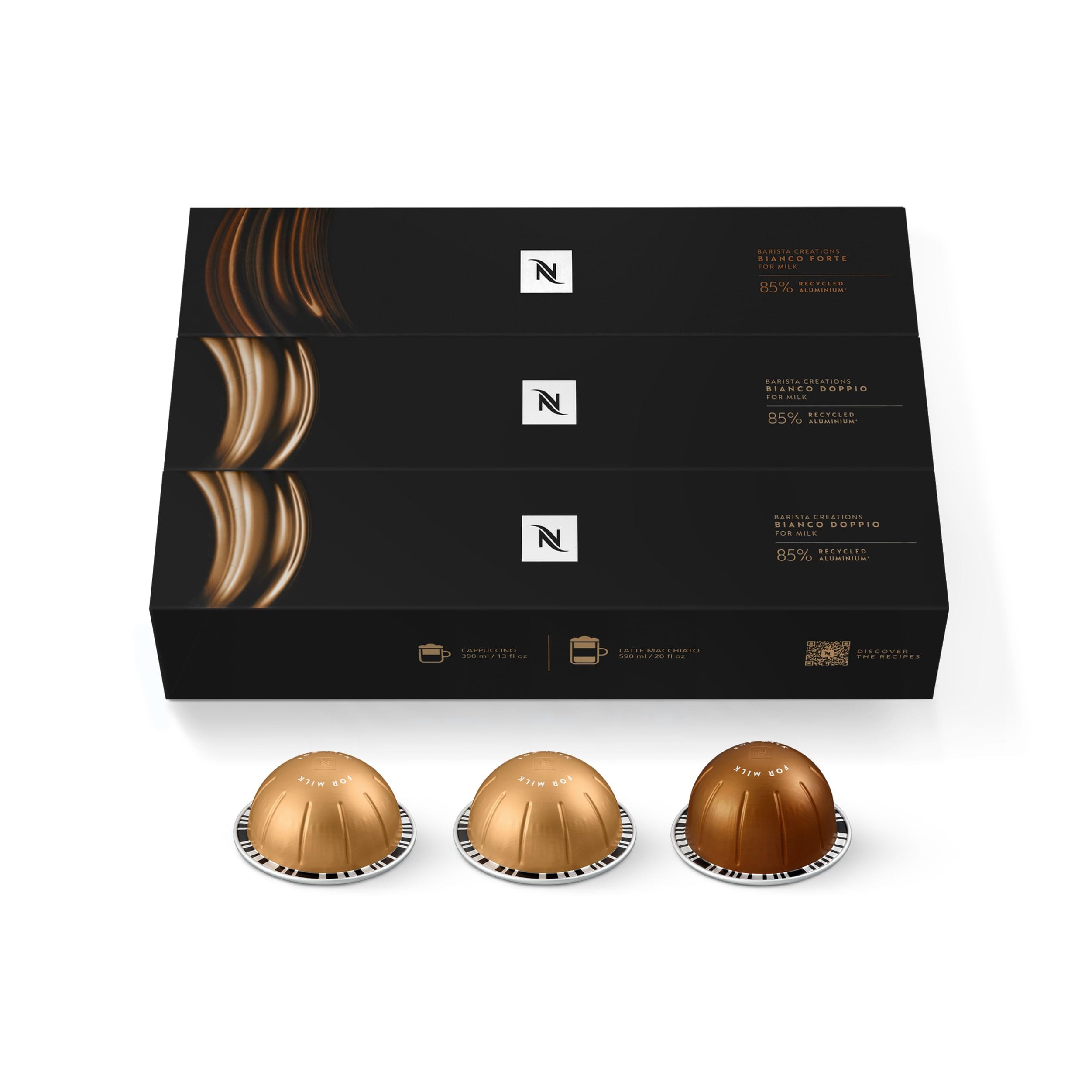 Nespresso cápsulas Bianco alineadas mostrando color y cantidad para preparar con leche