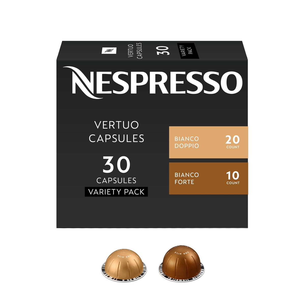 Nespresso frente del empaque Bianco con cápsulas visible, facilita elección rápida