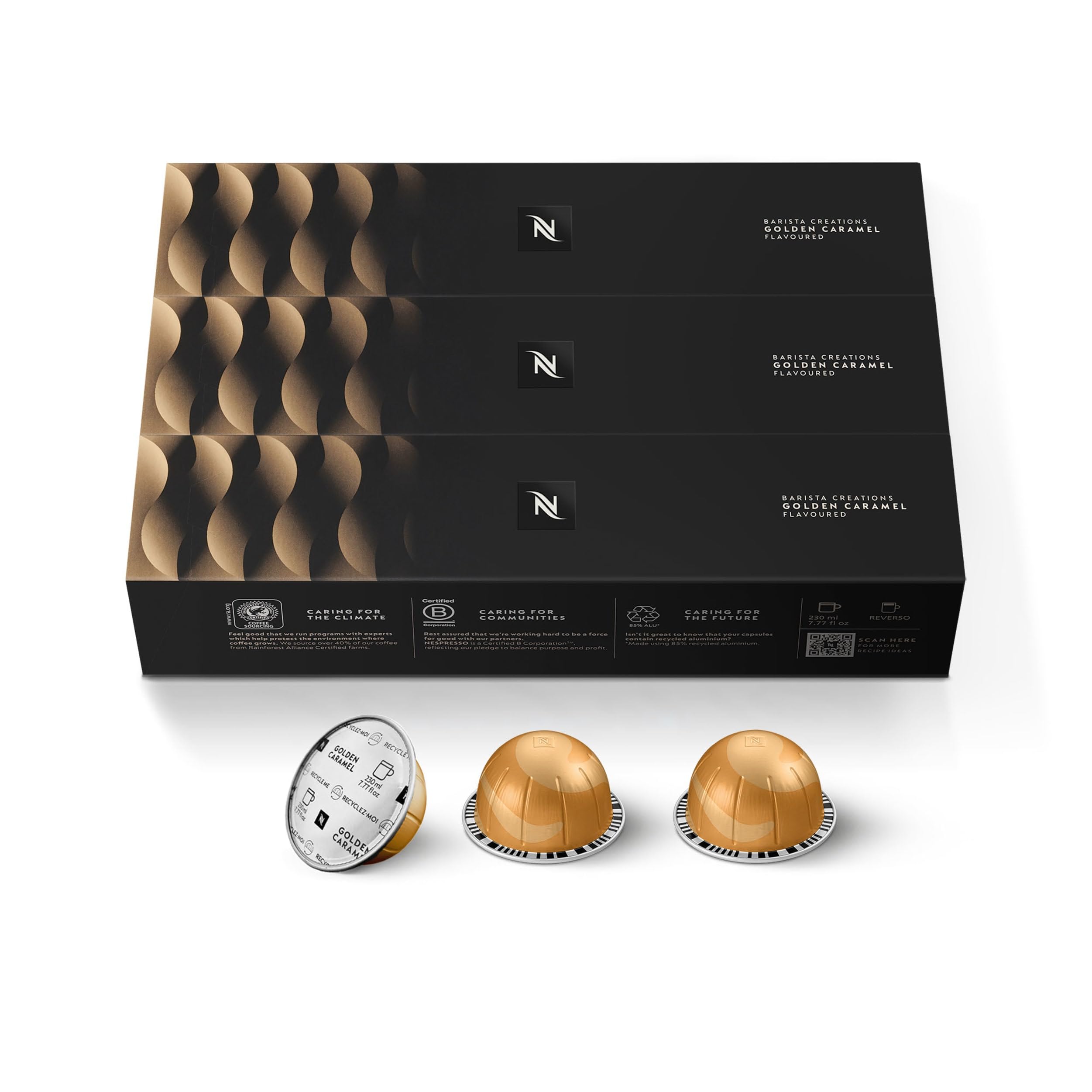 Nespresso Vertuo cápsula en primer plano destacando recubrimiento y aroma de caramelo
