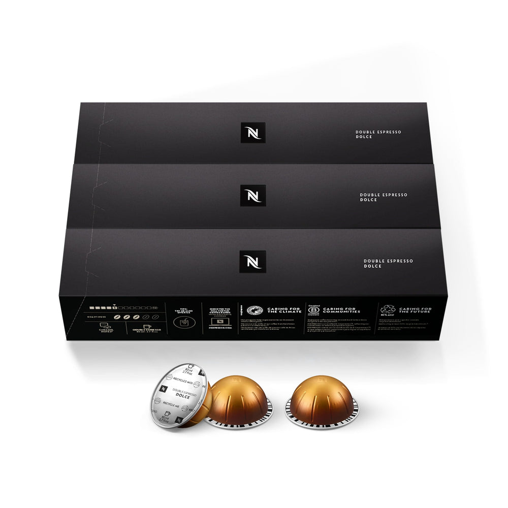 Nespresso cápsula Vertuo en primer plano mostrando su aluminio reciclado