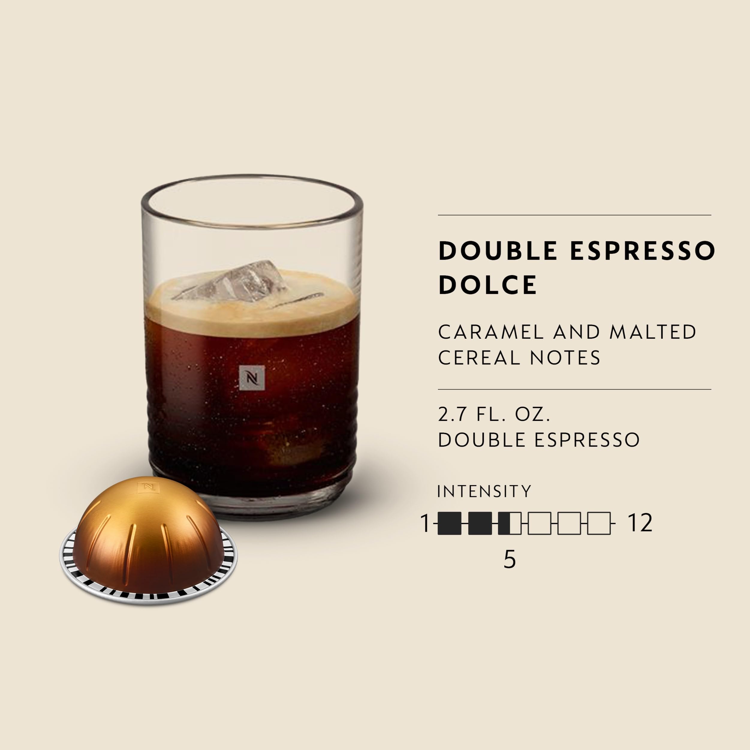 Nespresso doble espresso servido en taza, crema uniforme y tono dorado