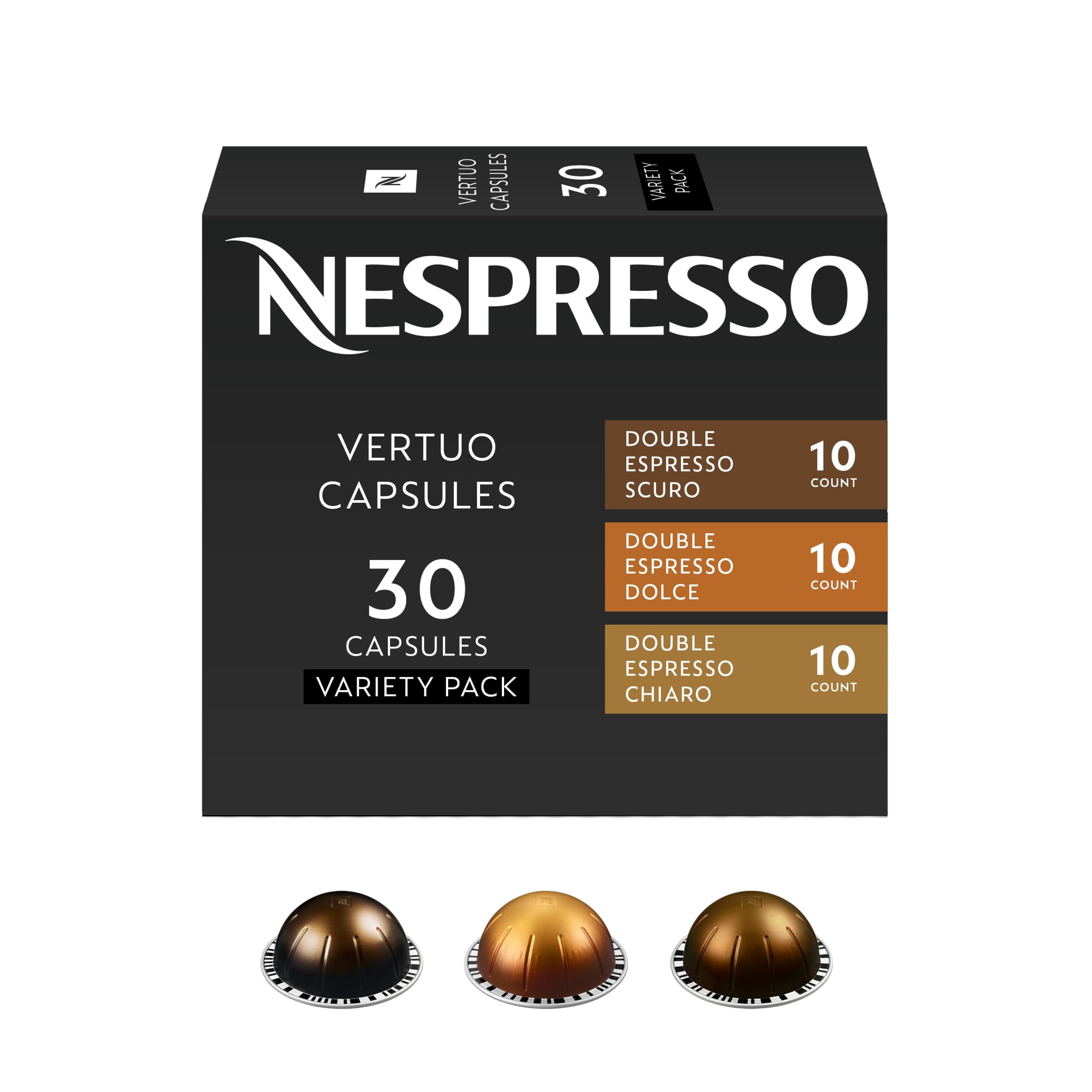 Nespresso Vertuo pack frontal mostrando caja de 30 cápsulas y variedad