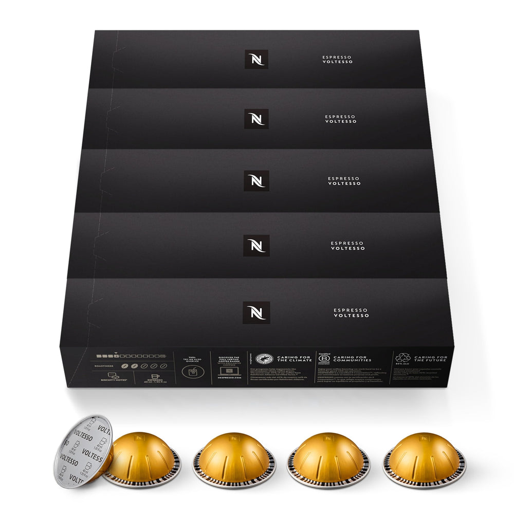 Nespresso Voltesso cápsula en primer plano detalle del aluminio y sellado hermético