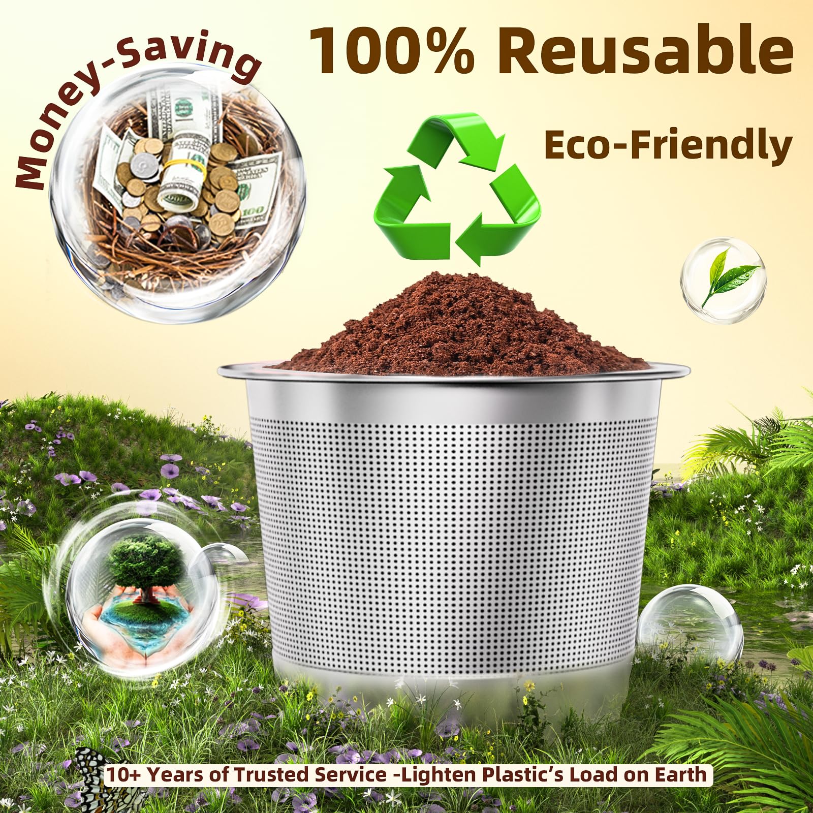 NESSUS cápsula junto a una taza para comparar tamaño y capacidad 10 g