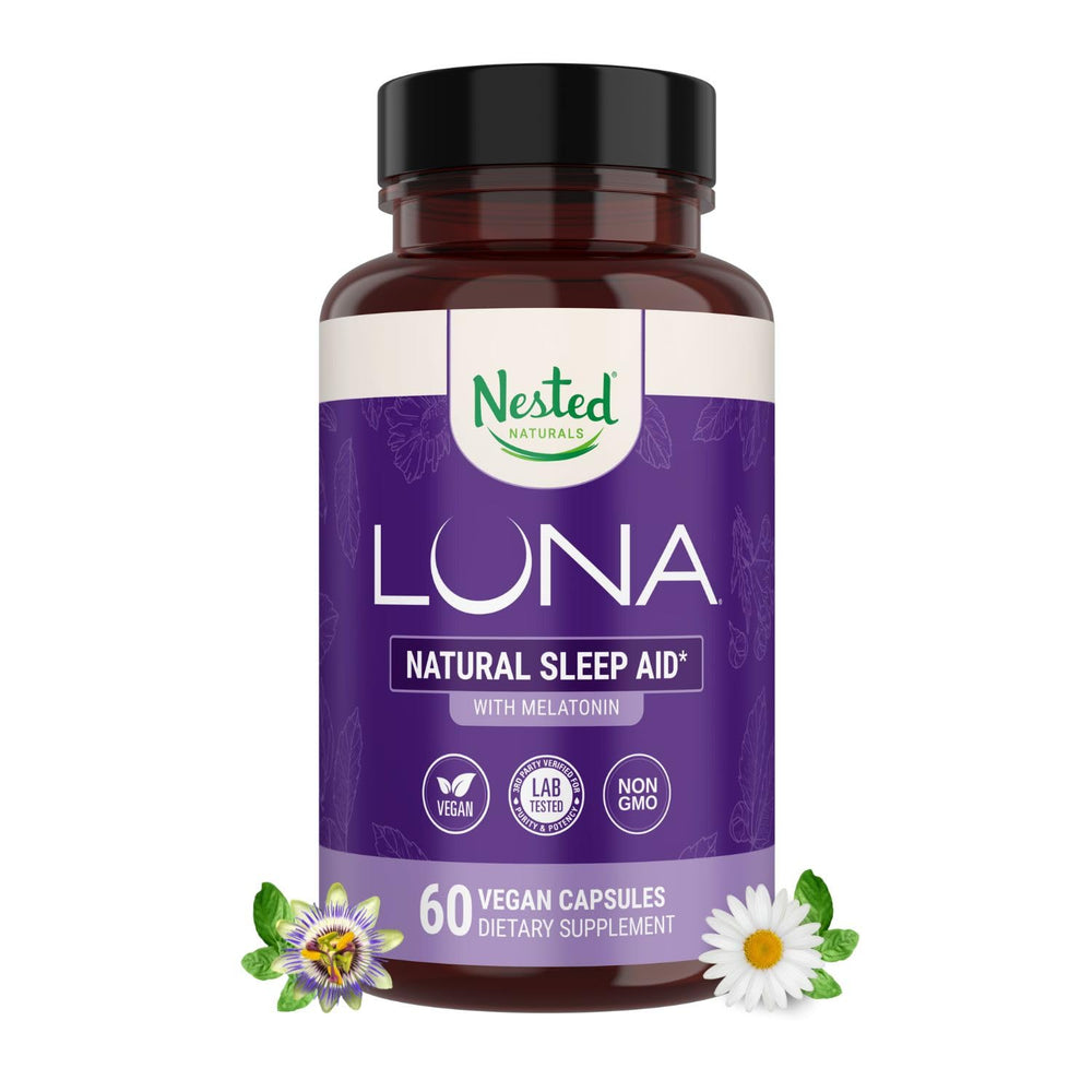Nested Naturals frasco Luna frontal mostrando 60 cápsulas veganas y diseño claro