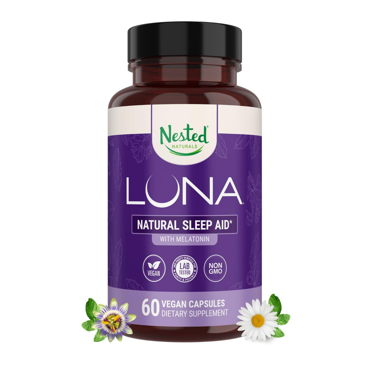 Nested Naturals frasco Luna frontal mostrando 60 cápsulas veganas y diseño claro