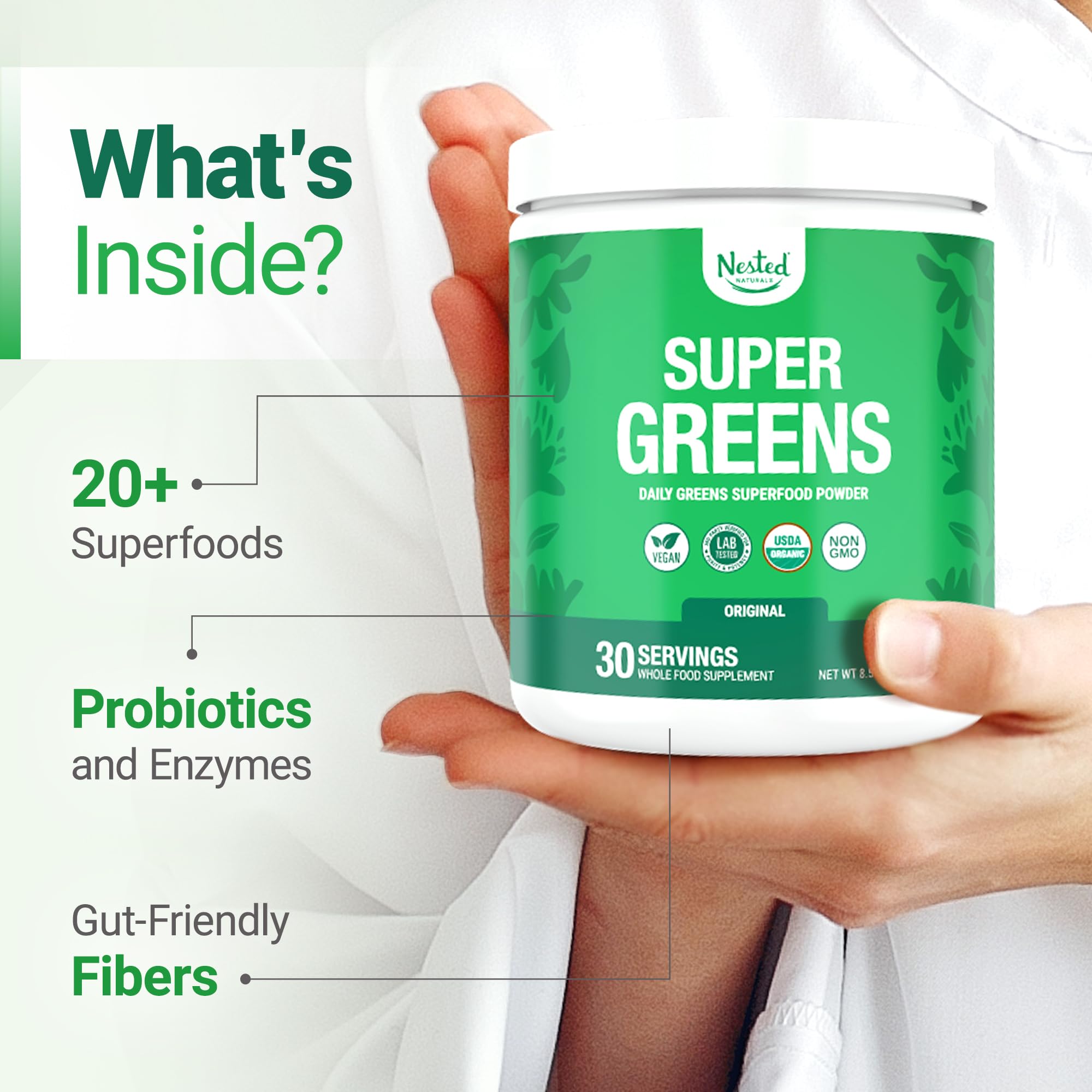 Nested Naturals etiqueta con lista de ingredientes y sellos de calidad