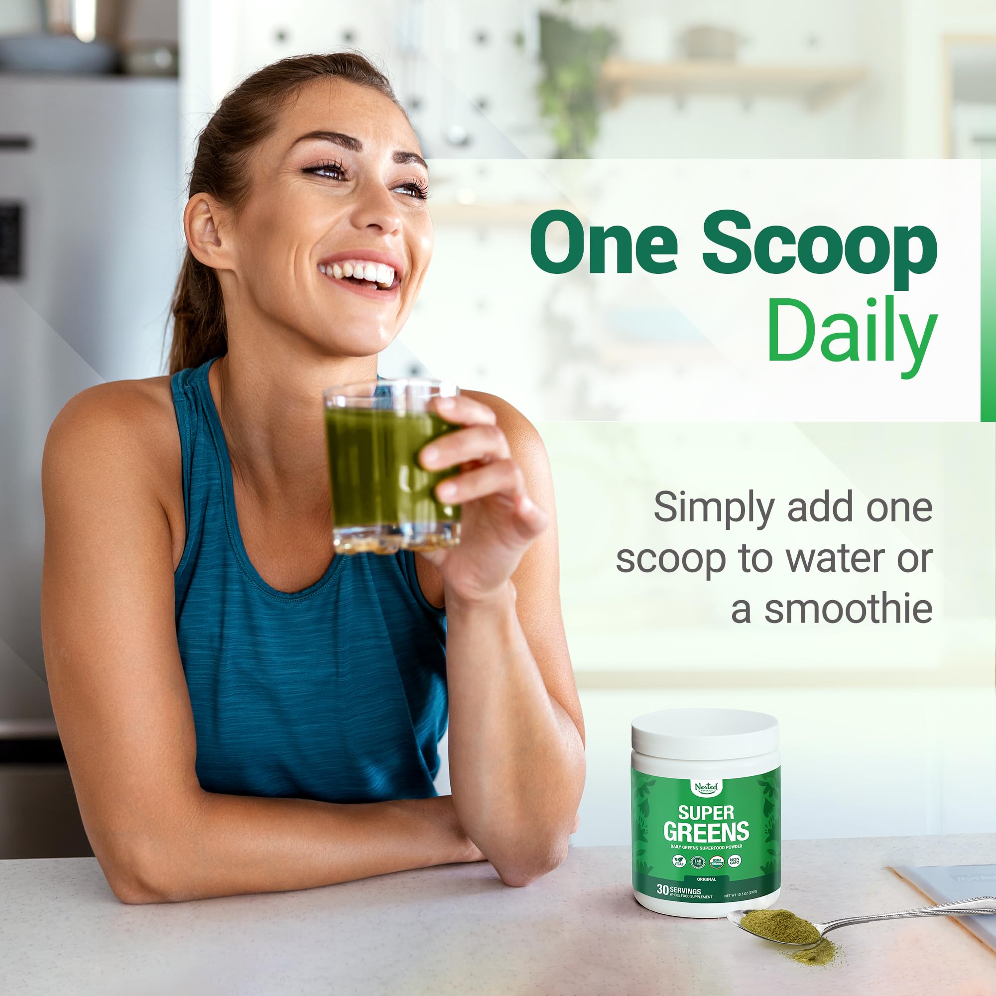 Nested Naturals batido verde preparado en vaso para energía natural