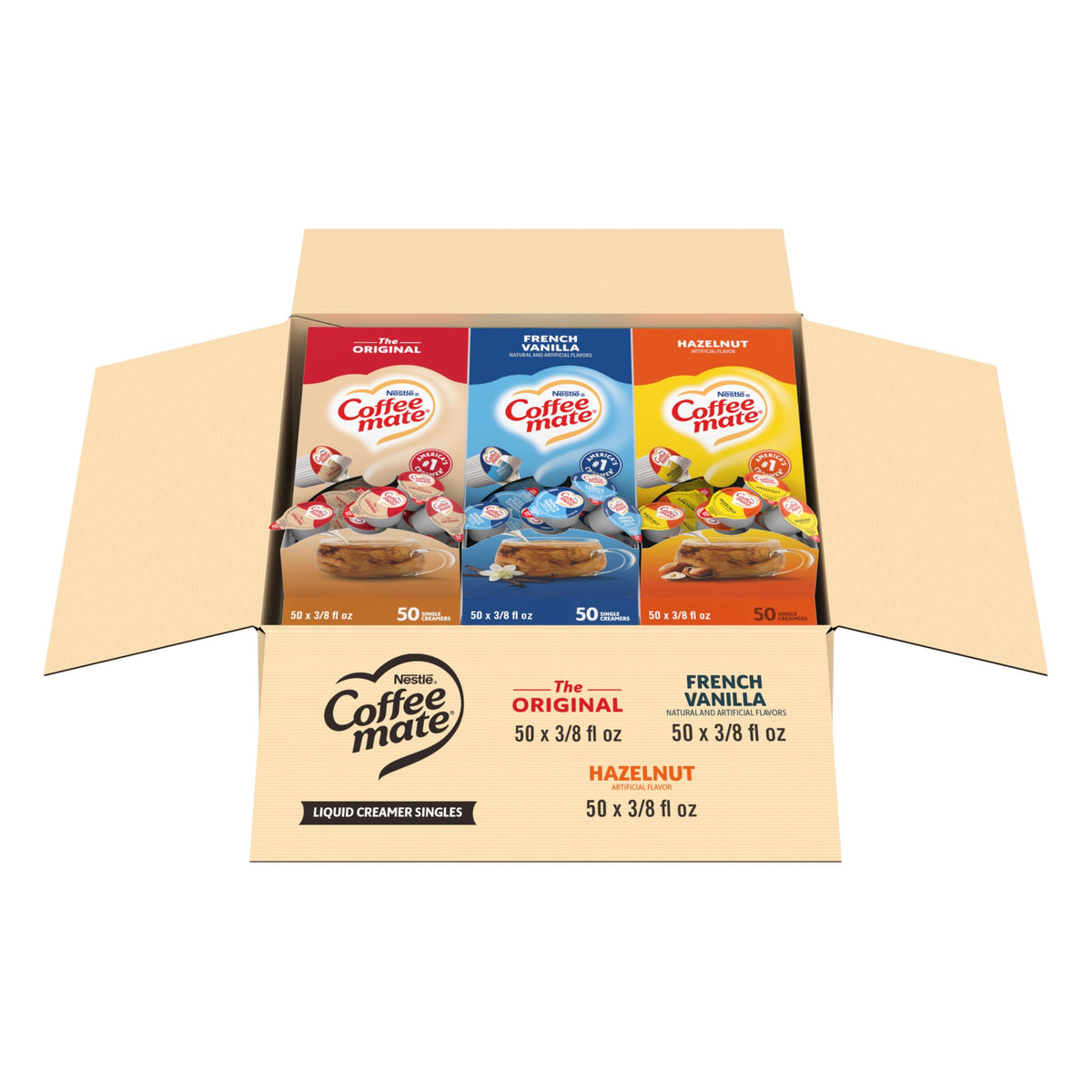 Nestle Coffee mate caja frontal mostrando sabores y cantidad, facilita selección rápida