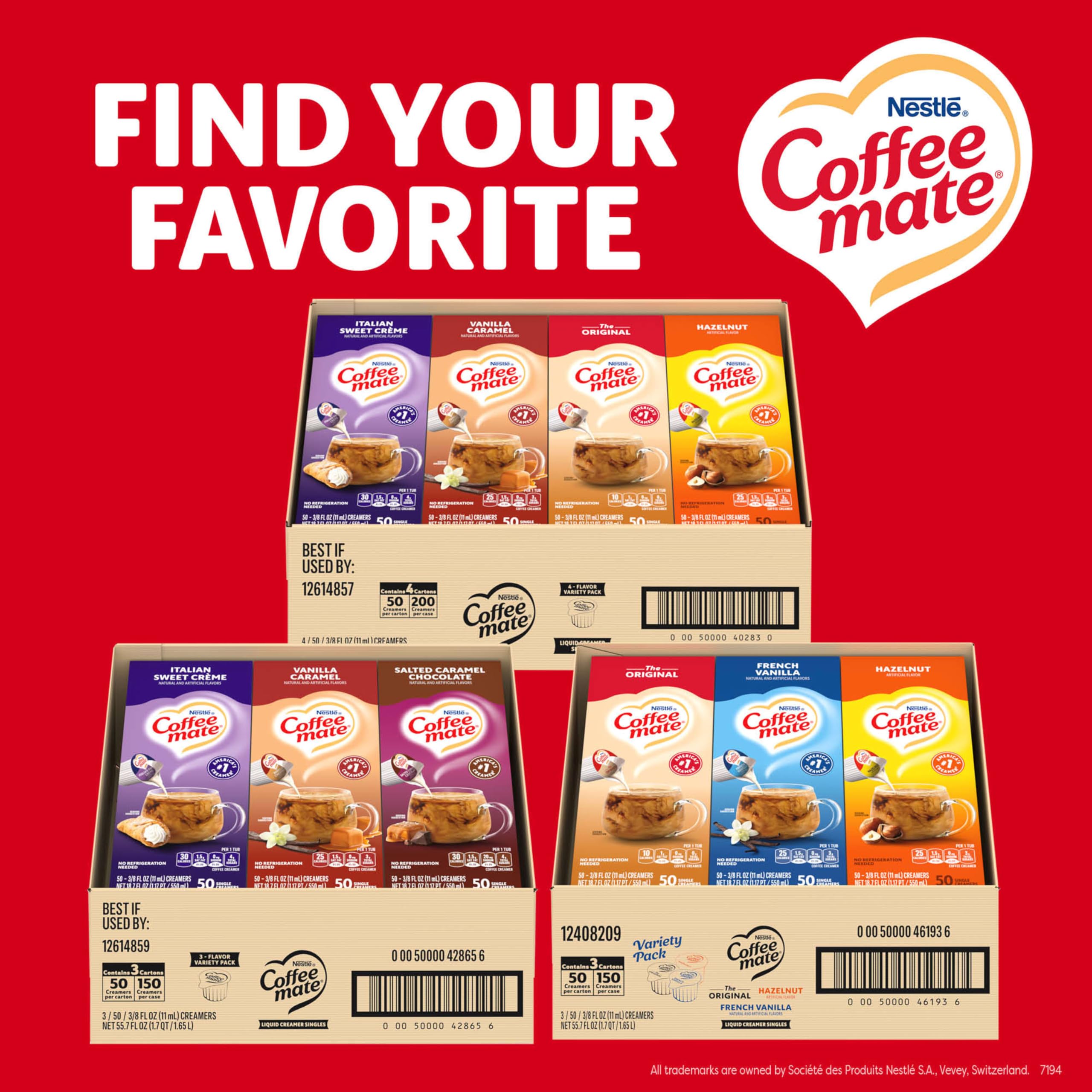 Nestle Coffee mate comparación con taza para escala, demuestra tamaño porción individual
