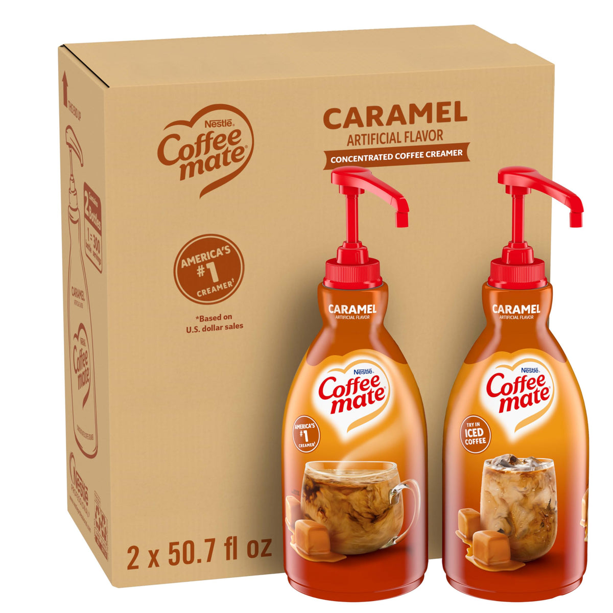 Nestle Coffee mate vista frontal del pack de dos botellas con etiqueta clara y atractivo