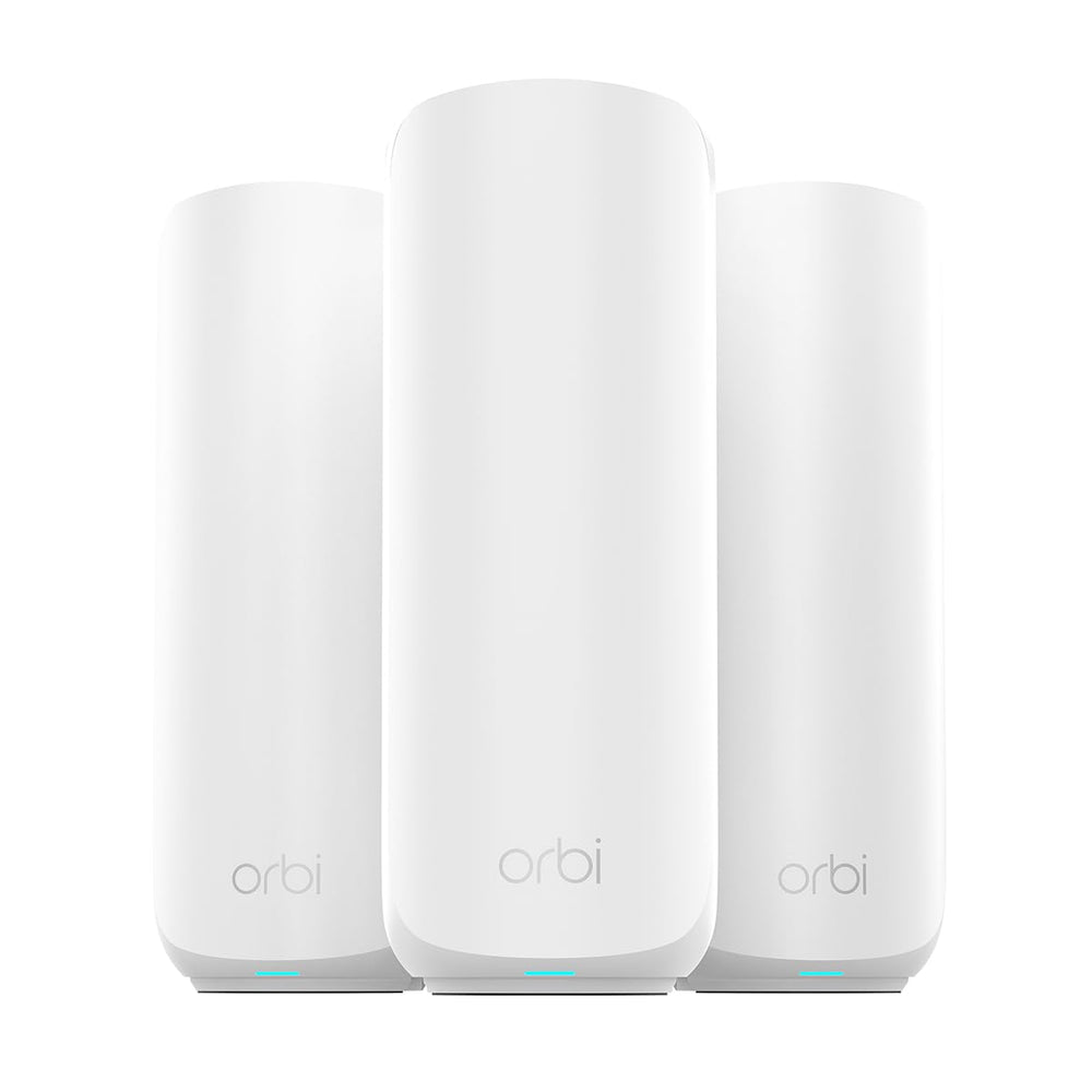 NETGEAR Orbi 370 frontal mostrando el pack 3 unidades y cobertura amplia