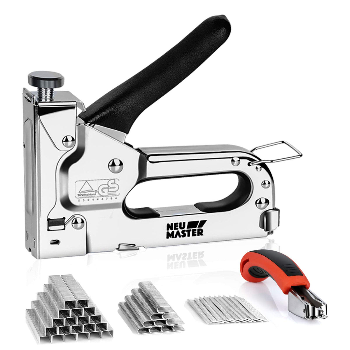 NEU MASTER grapadora frontal mostrando construcción metálica y durabilidad