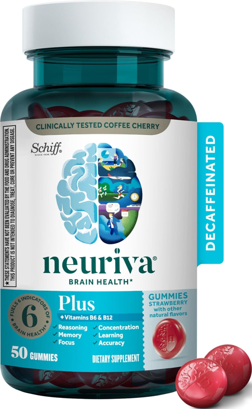 NEURIVA empaque frontal mostrando gomitas fresa y beneficio de apoyo cognitivo