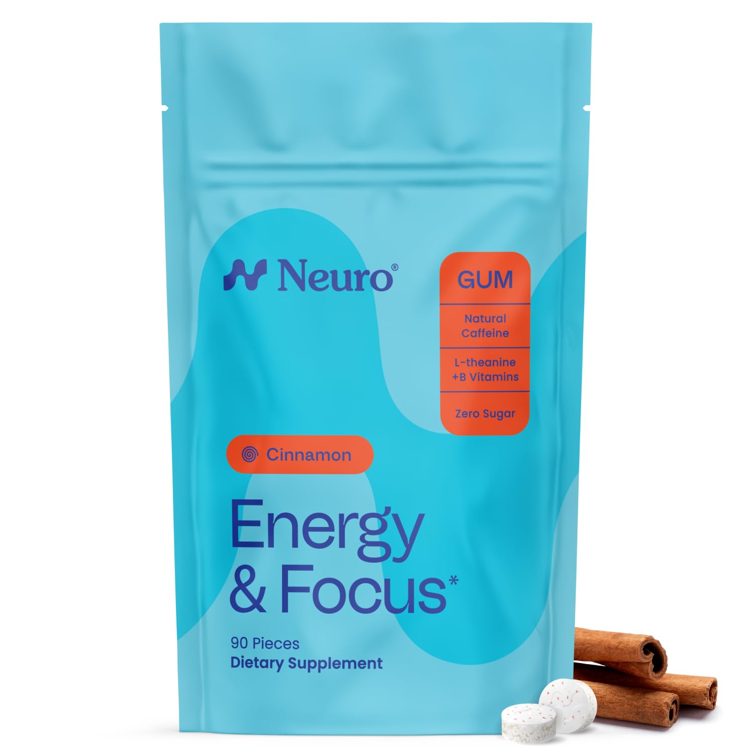 Neuro chicle frente del paquete mostrando canela y conteo, conveniente para llevar