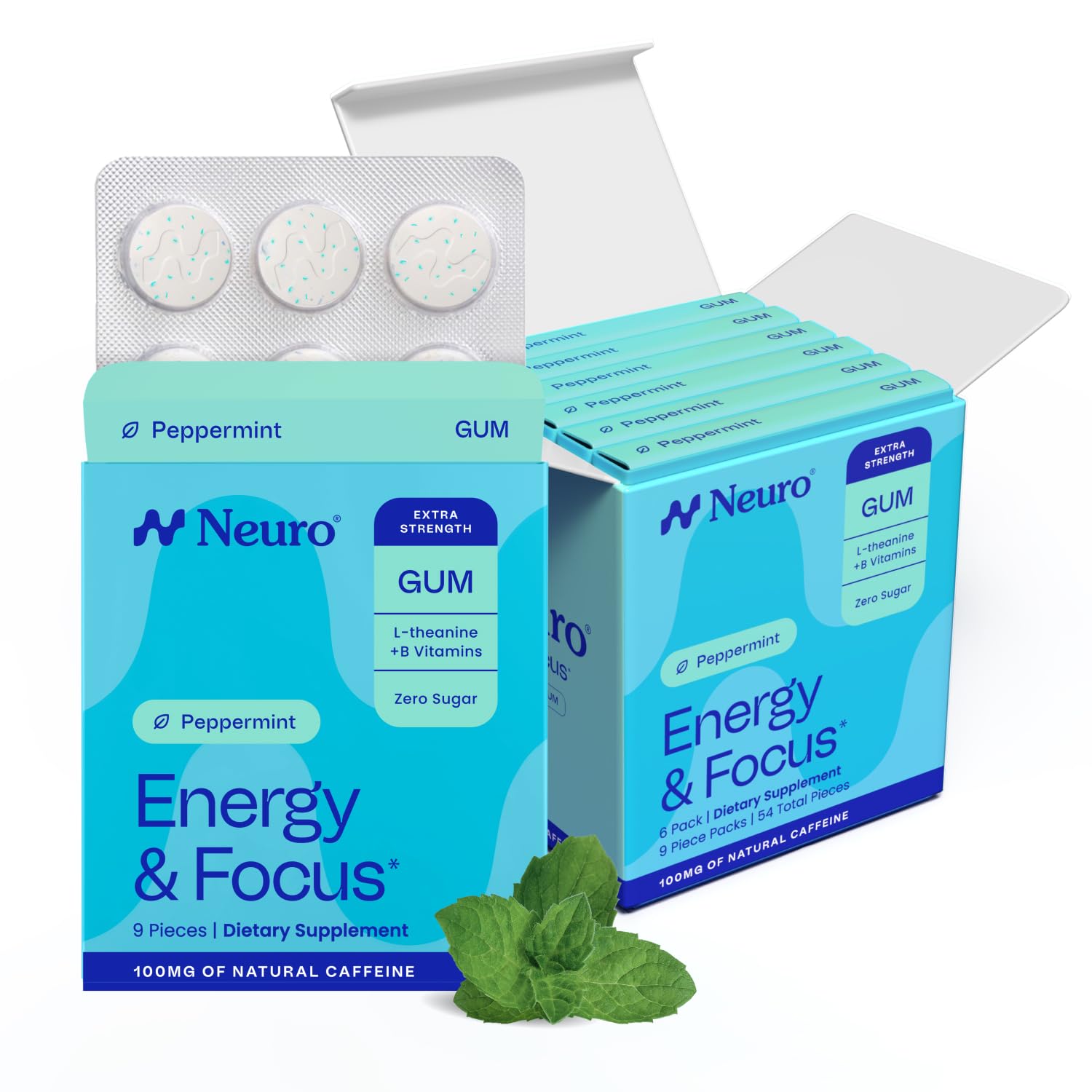 Neuro chicle frente del envase mostrando 54 piezas y conveniencia