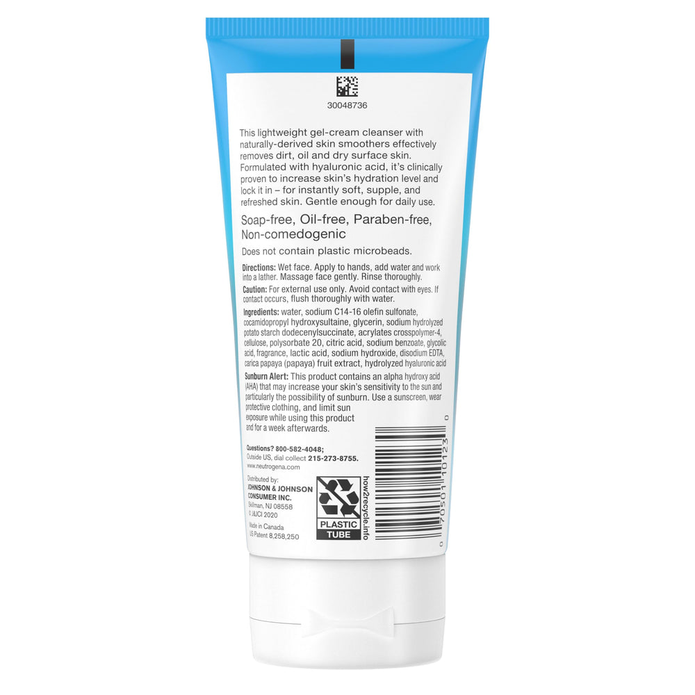 Neutrogena etiqueta con ingredientes destacando ácido hialurónico hidratante