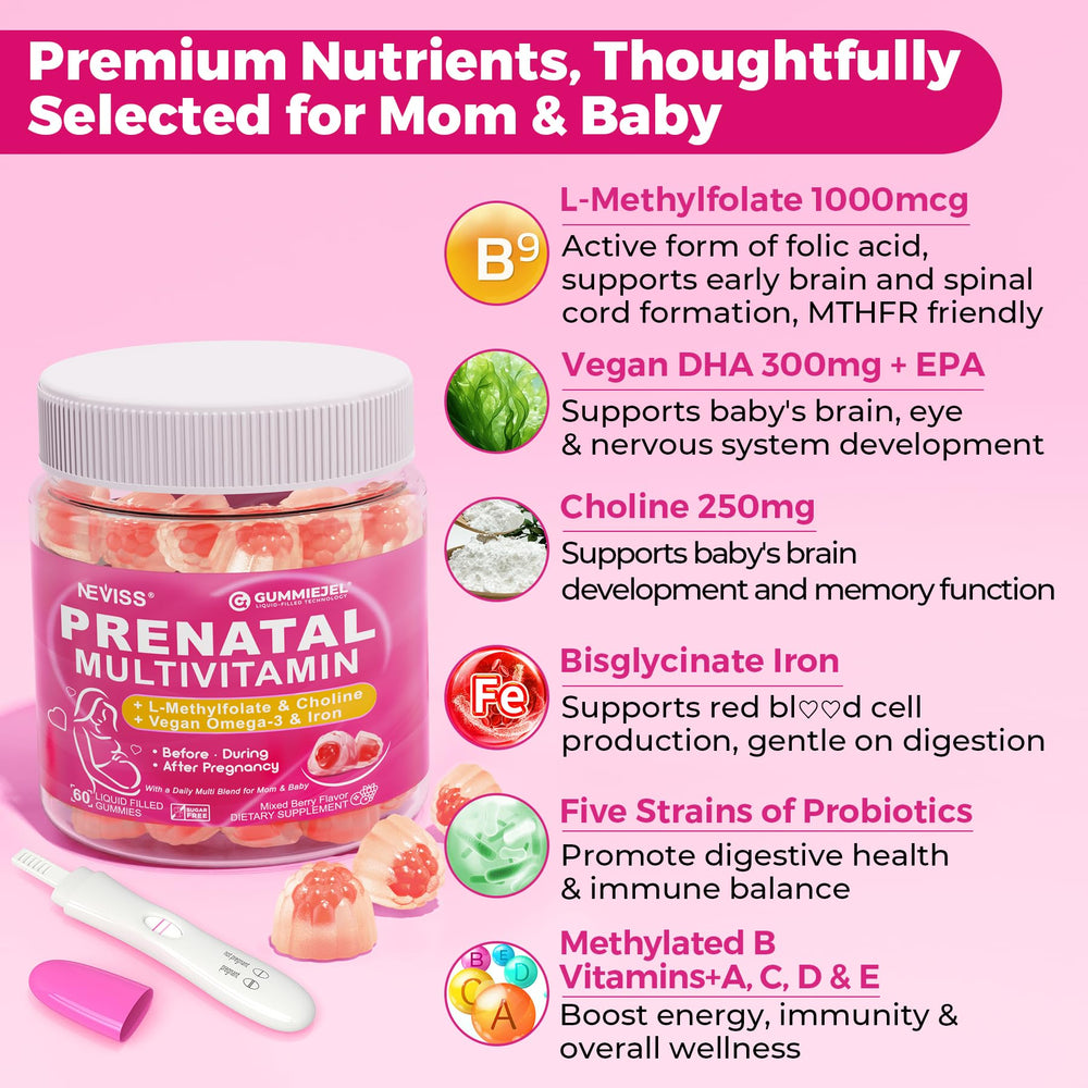 NEVISS etiqueta con ingredientes clave como metilfolato y DHA, confianza