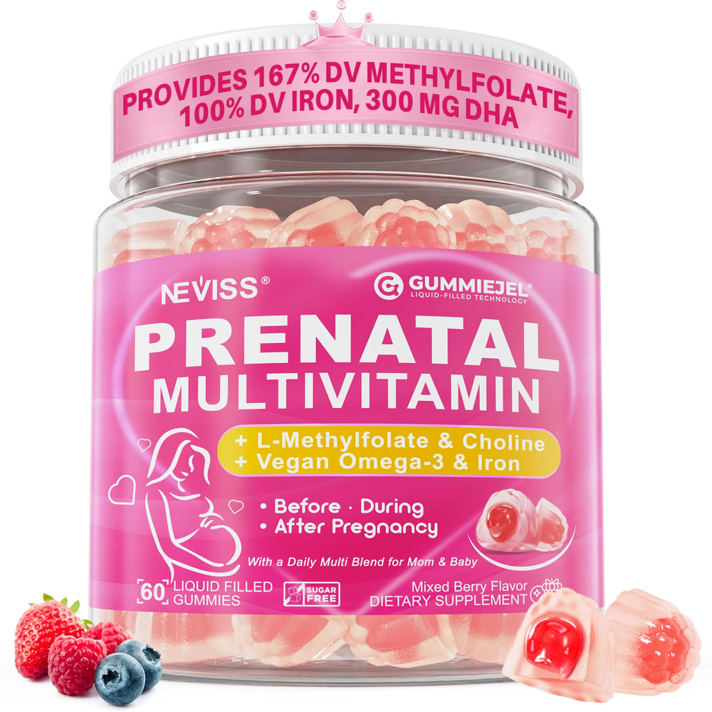 NEVISS envase frontal mostrando gominolas prenatales y información clara