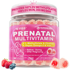 NEVISS envase frontal mostrando gominolas prenatales y información clara