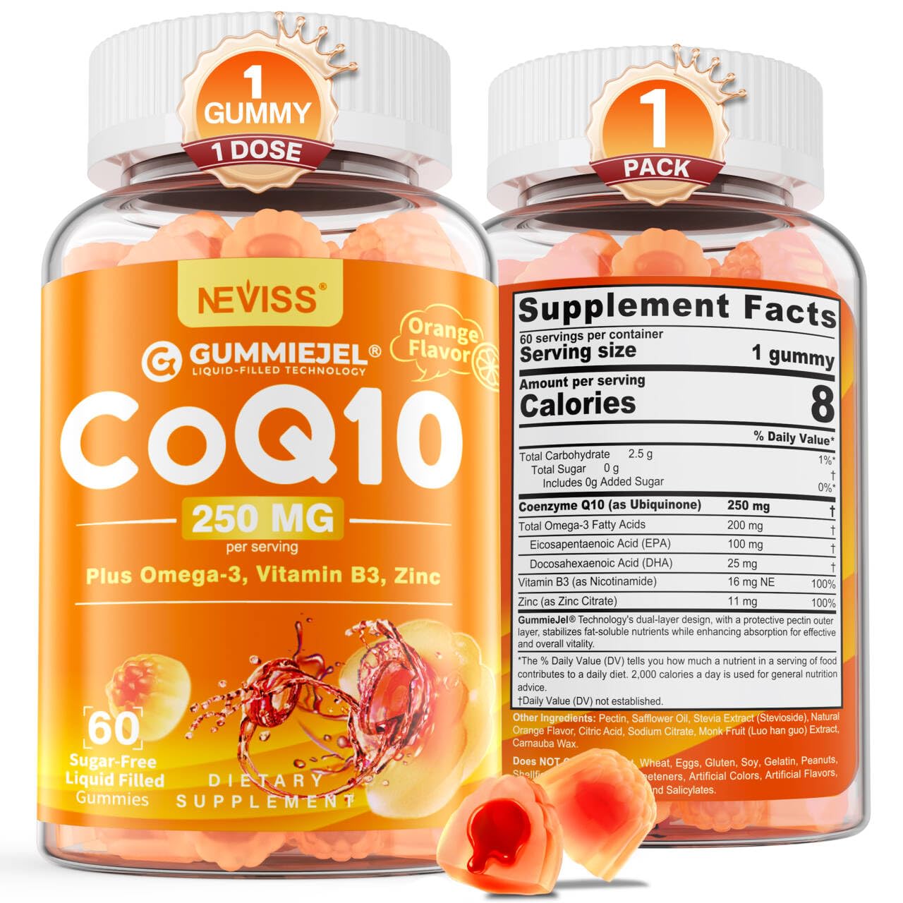 NEVISS frasco frontal de gomitas CoQ10 mostrando etiqueta y cantidad