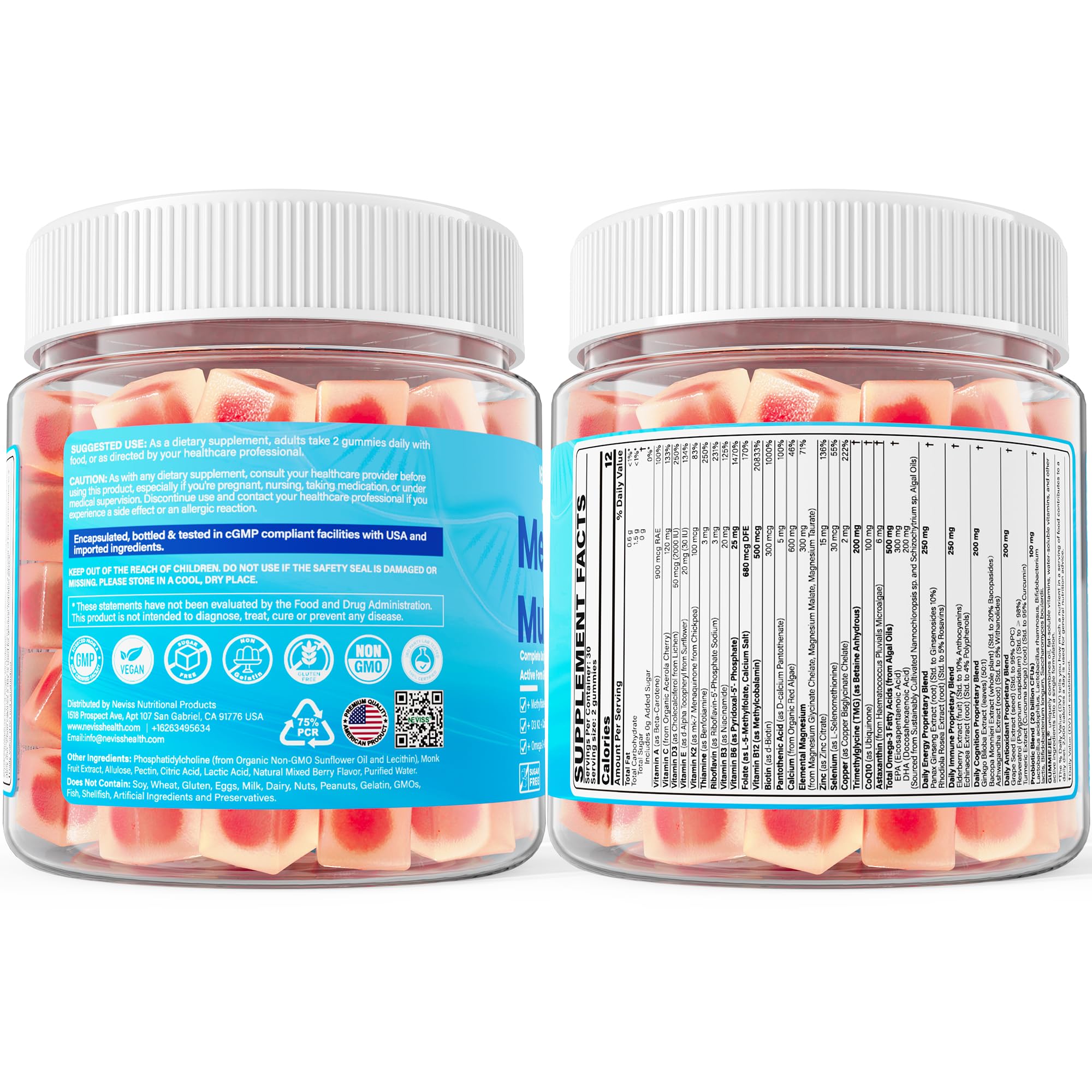 NEVISS close‑up de omega‑3 de algas y calcio vegetal en la fórmula