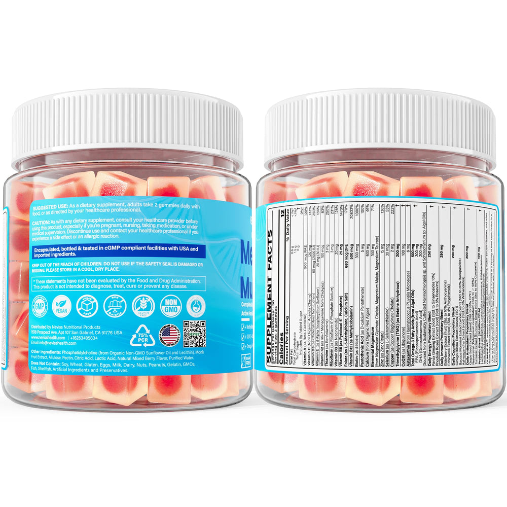 NEVISS close‑up de omega‑3 de algas y calcio vegetal en la fórmula