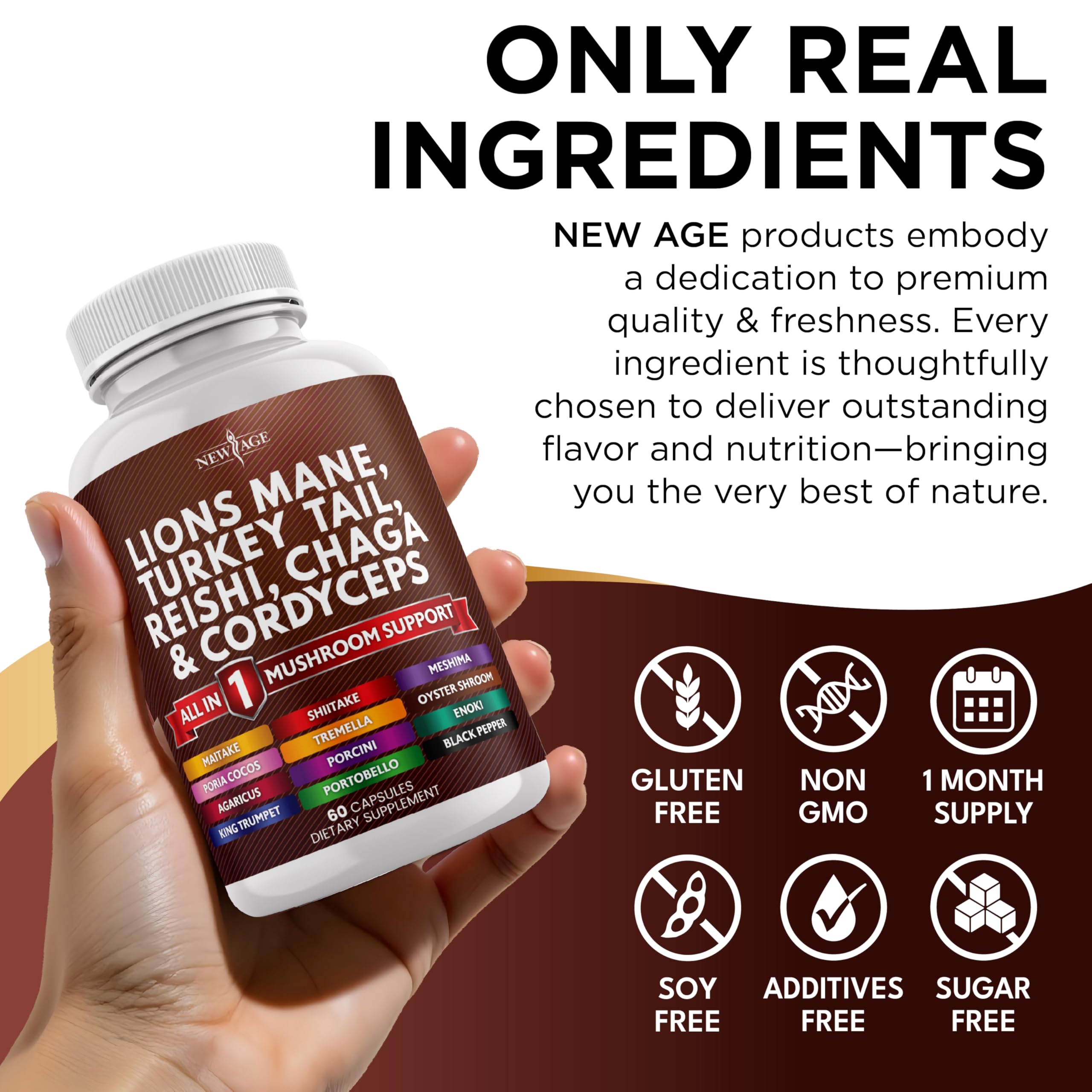 NEW AGE ingredientes secos: lion's mane, reishi y chaga organizados