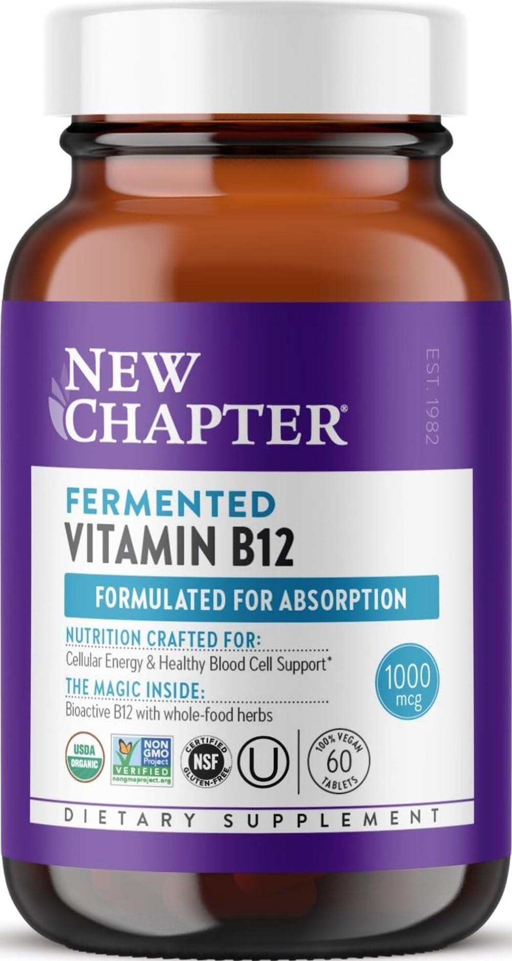 New Chapter botella frontal mostrando nombre y dosis, beneficio claridad informativa