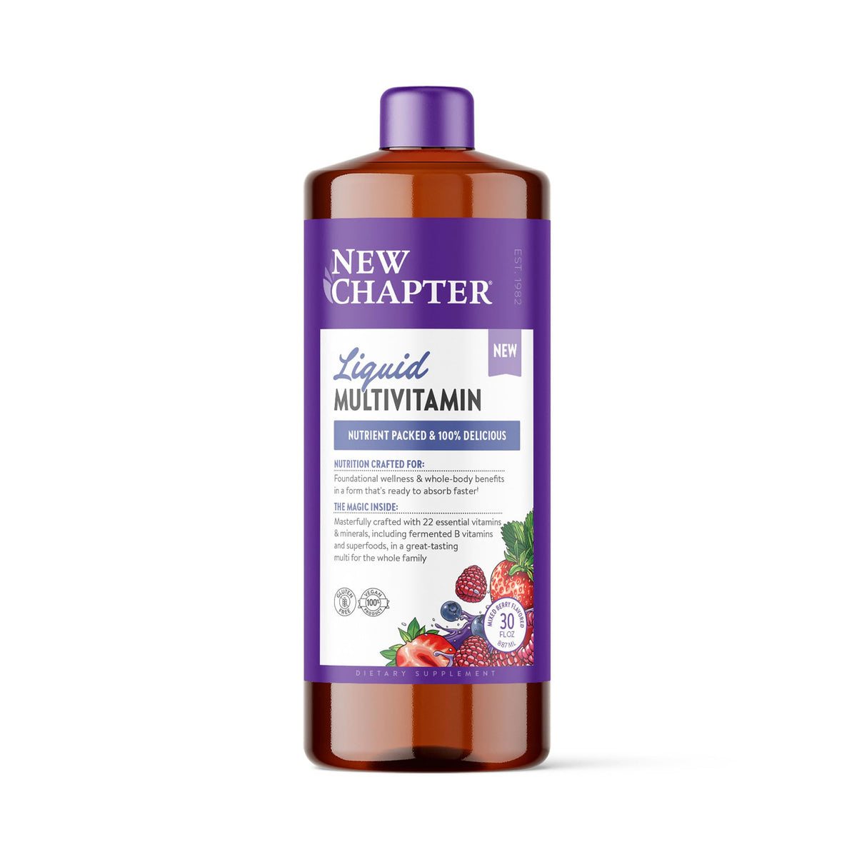 New Chapter botella frontal mostrando etiqueta y tamaño 30 oz, clara identificación