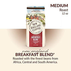 New England Coffee close-up of bag label detailing blend and kosher certification benefit
