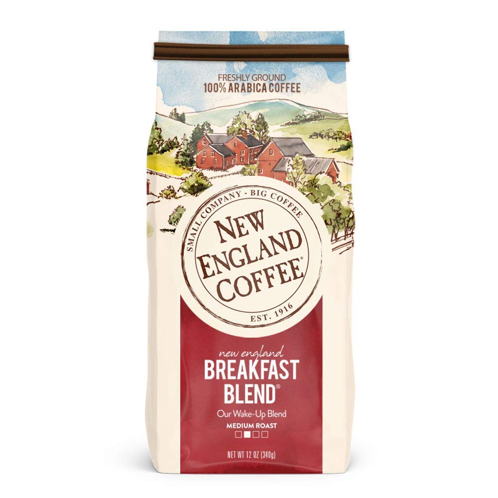 New England Coffee front packaging showing 12oz bag and branding, clear pantry-ready benefit