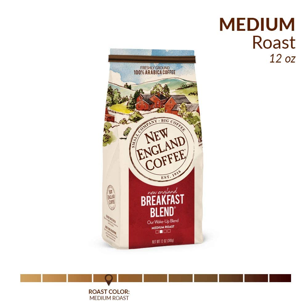 New England Coffee ground coffee pouring from bag, highlighting fresh aroma and texture benefit