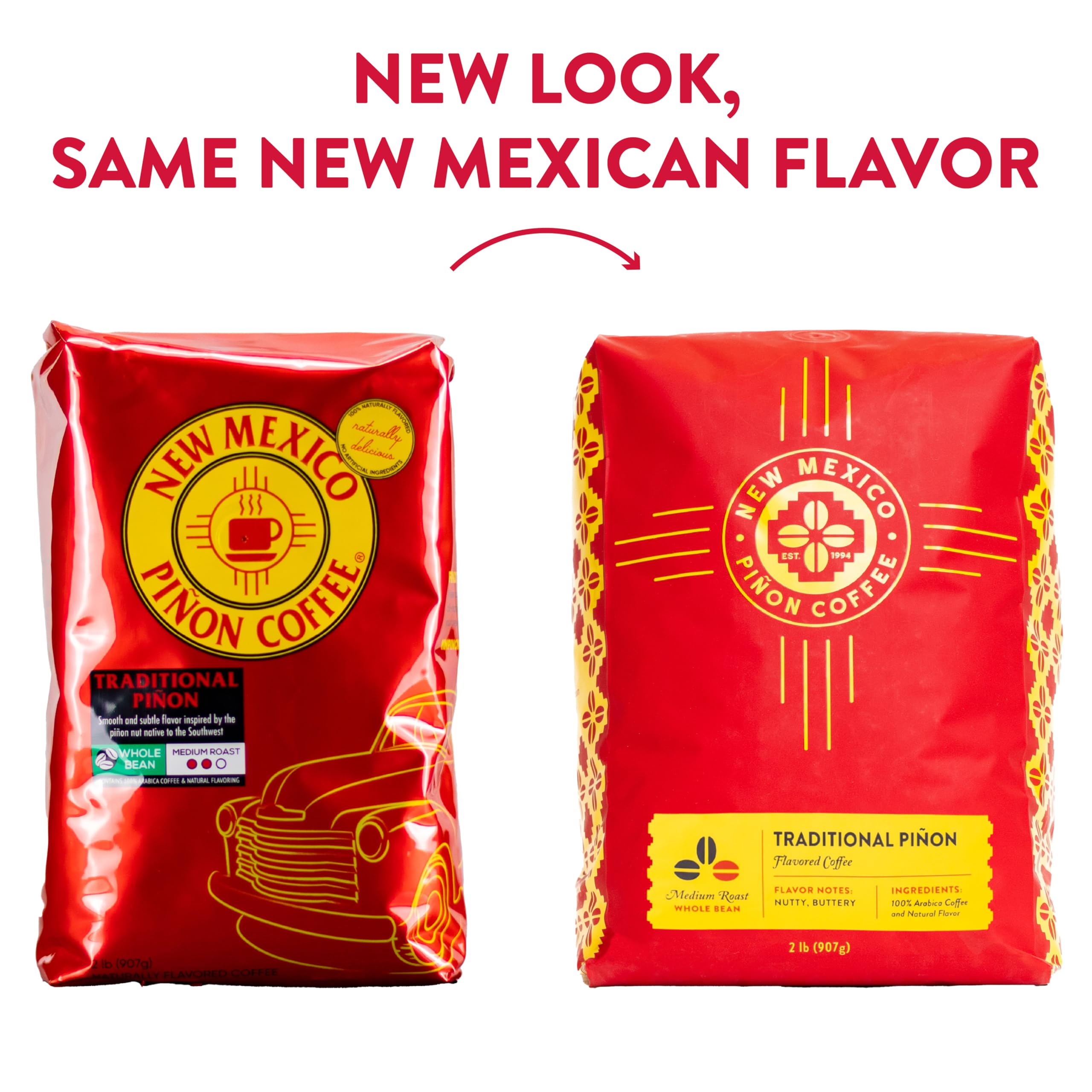 New Mexico Piñon Coffee etiqueta con ingredientes y nota de aromatizantes naturales
