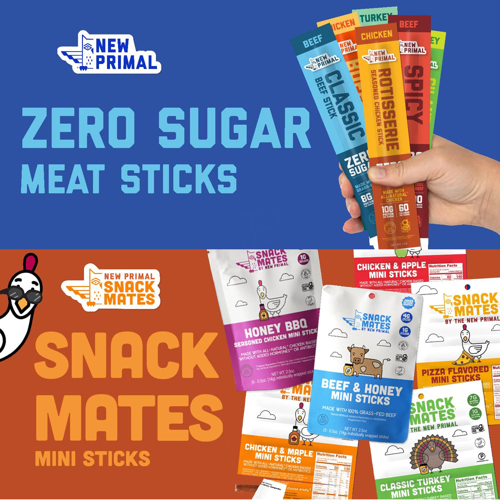New Primal palitos Buffalo servidos en un plato como snack saludable y sabroso