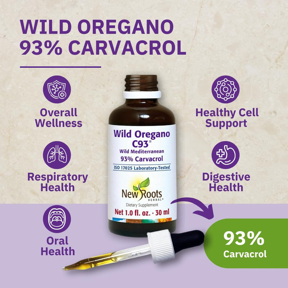 NEW ROOTS HERBAL etiqueta legible indicando 93% carvacrol y origen