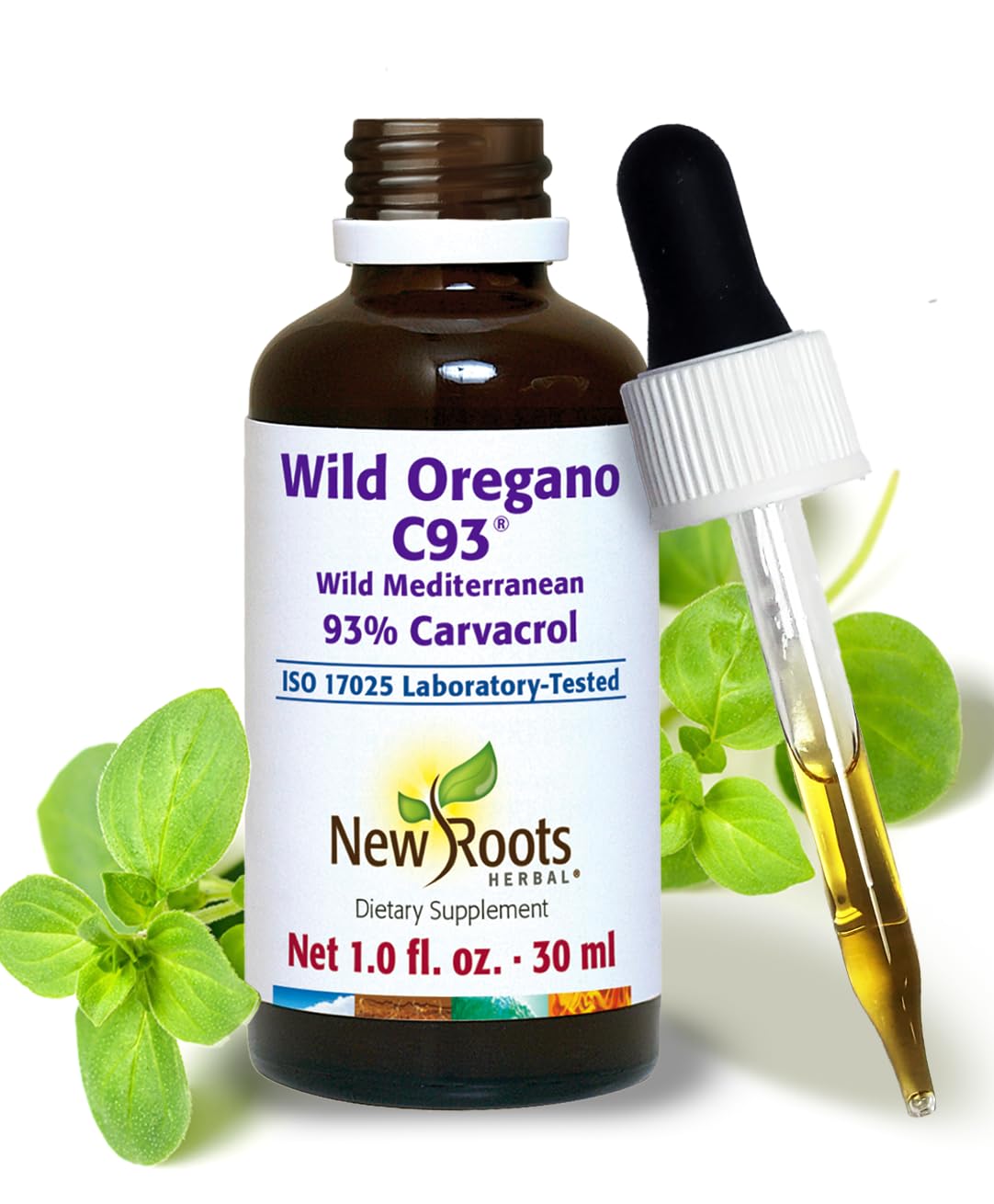 NEW ROOTS HERBAL frasco al frente mostrando etiqueta y pureza