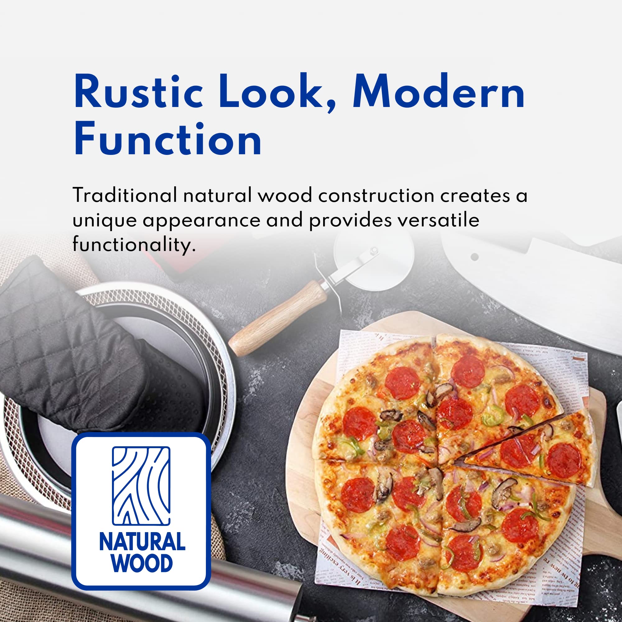 New Star Foodservice pala en uso retirando pizza y protegiendo manos del calor