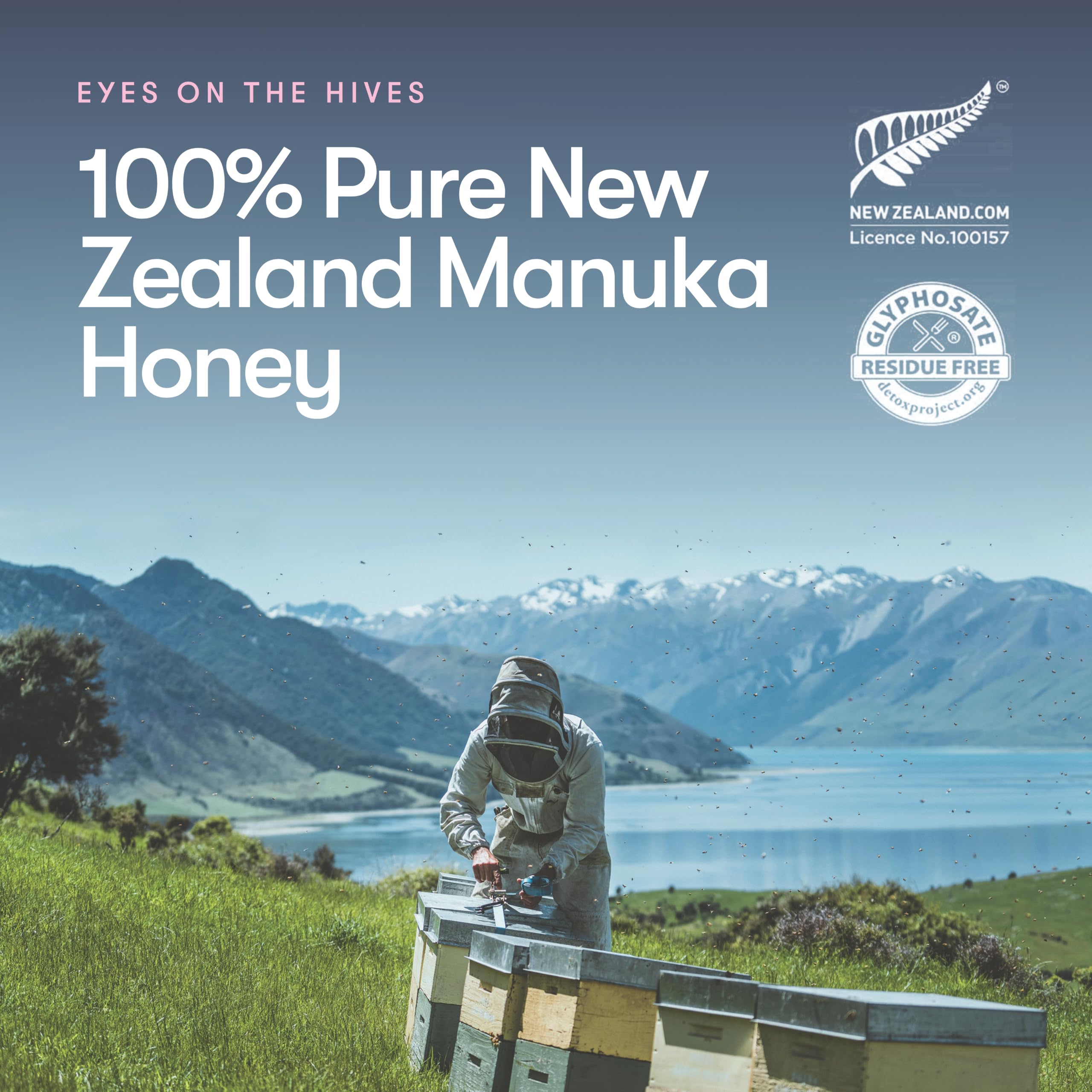 New Zealand Honey Co imagen de paisaje de Nueva Zelanda subrayando origen puro