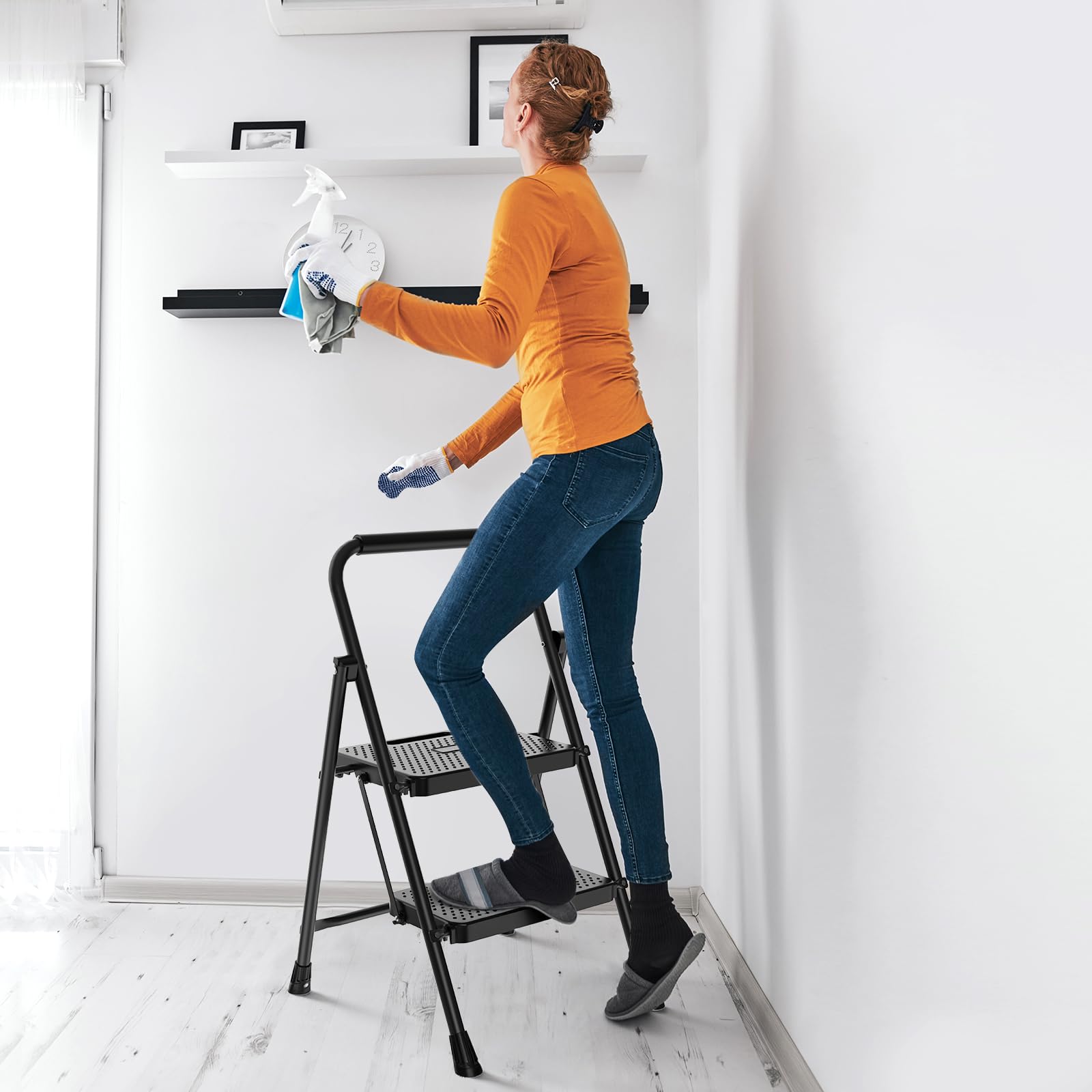 NEWBULIG escalera plegada perfil fino, almacenamiento compacto
