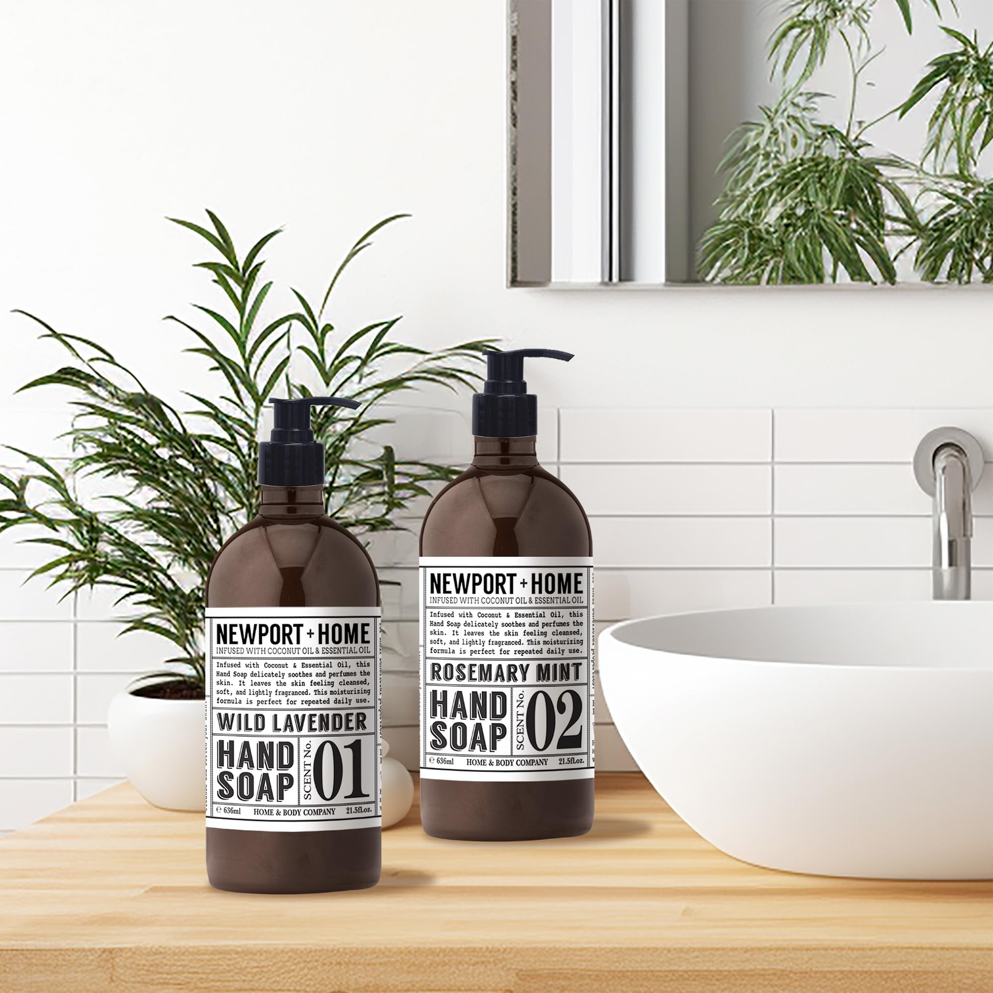 Home & Body Company botella junto al lavabo mostrando tamaño generoso