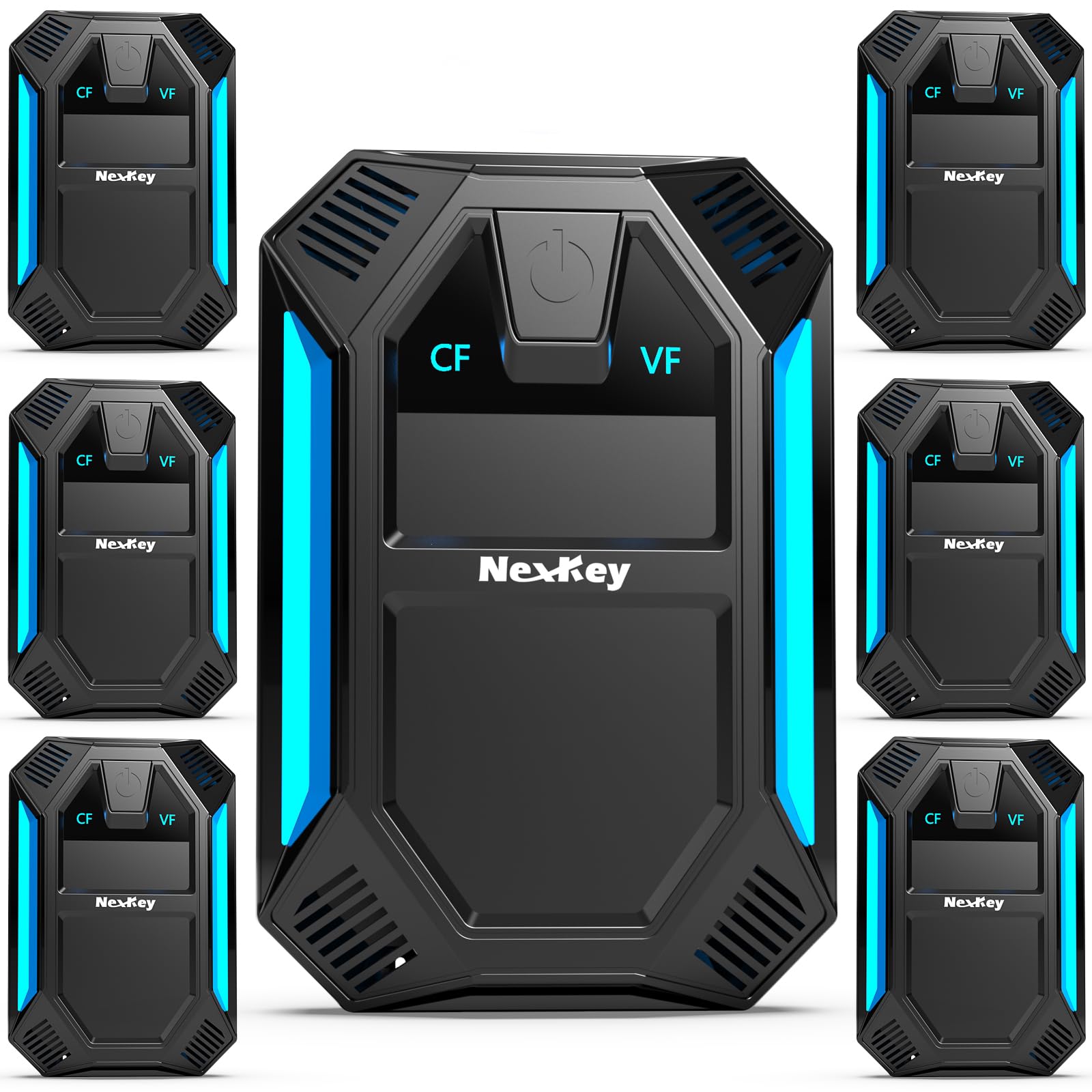 NexKey vista frontal del paquete de seis unidades mostrando diseño compacto y enchufe