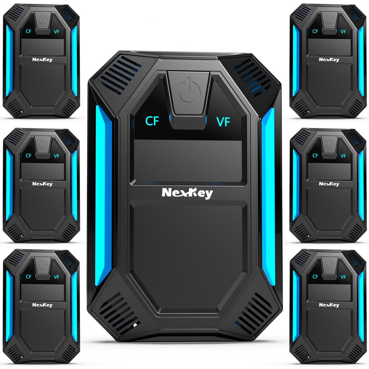 NexKey vista frontal del paquete de seis unidades mostrando diseño compacto y enchufe