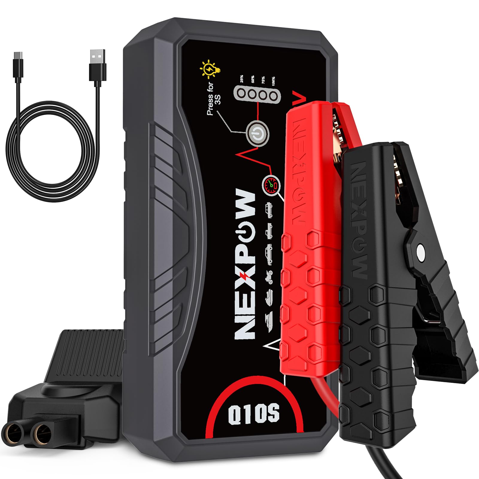 NEXPOW Q10S vista frontal del paquete mostrando el arrancador y accesorios útil para emergencias