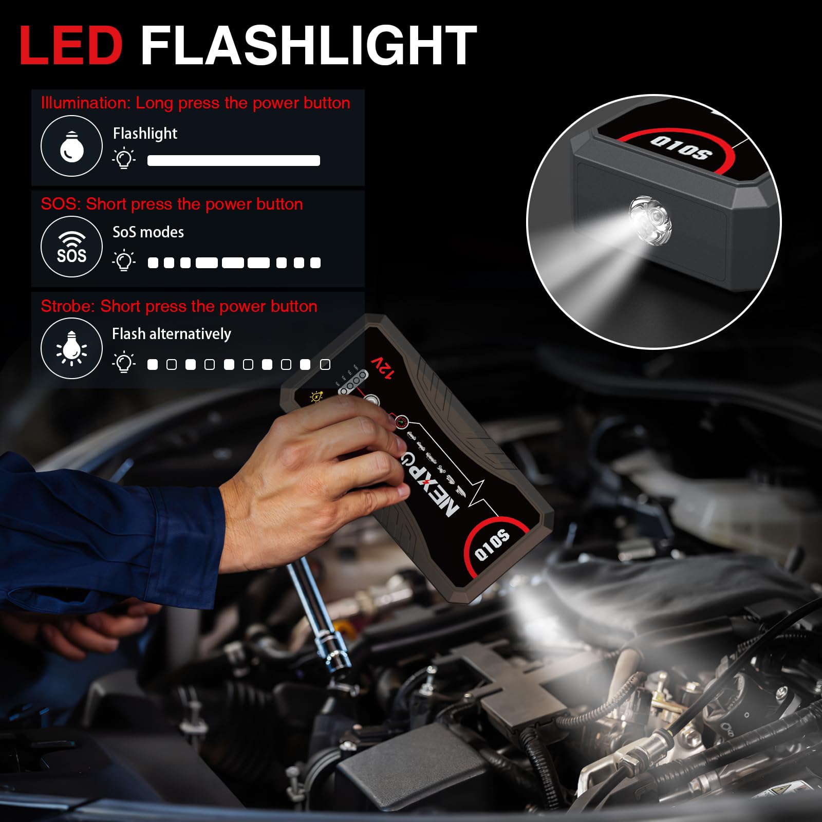 NEXPOW Q10S linterna LED encendida iluminando un área de trabajo y facilitando reparaciones nocturnas