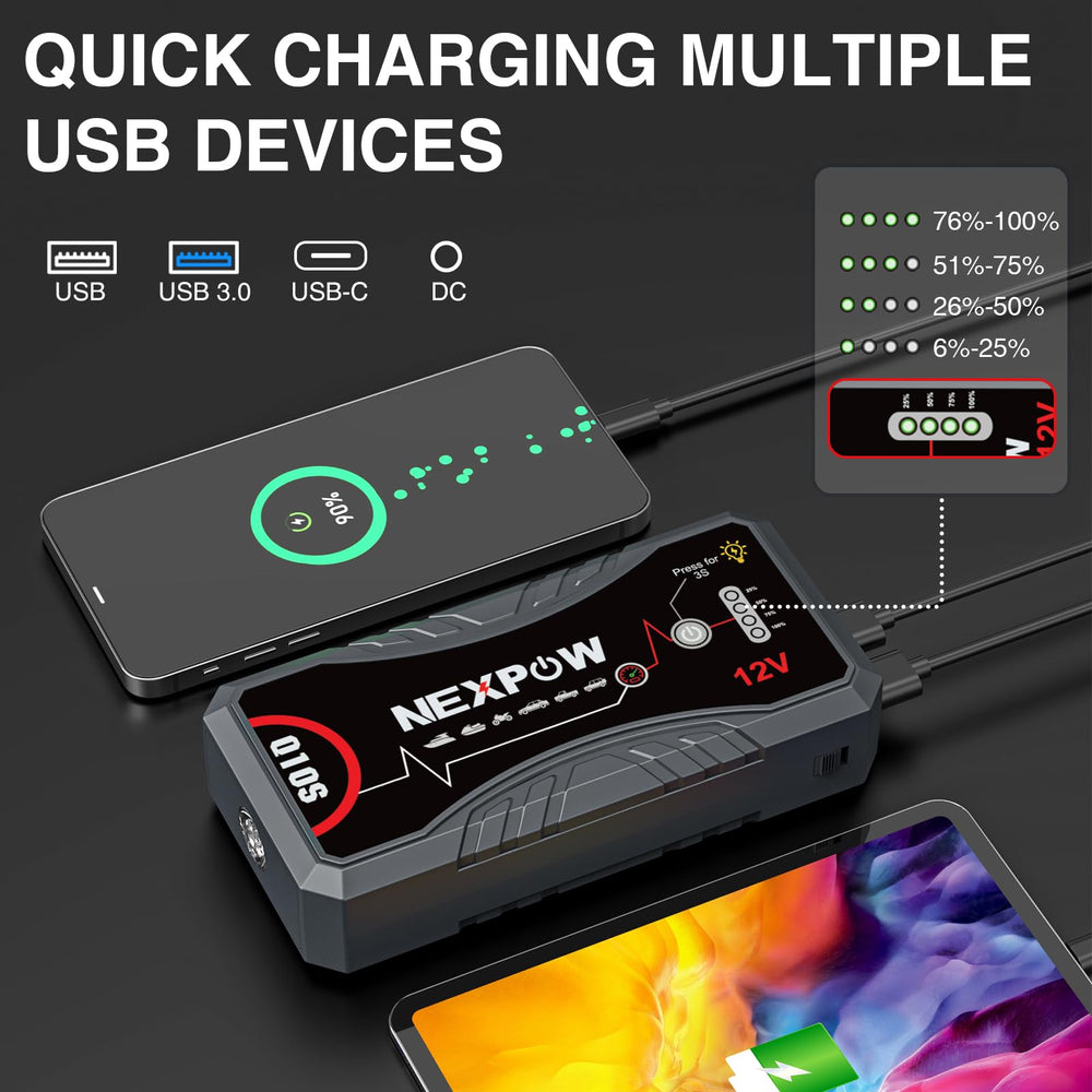 NEXPOW Q10S puertos USB, USB-C y conector EC5 mostrando versatilidad para cargar dispositivos