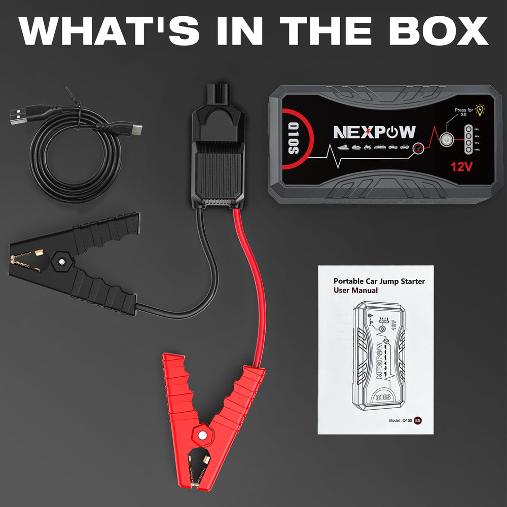 NEXPOW Q10S alimentando un inflador de neumáticos demostrando soporte para herramientas automotrices
