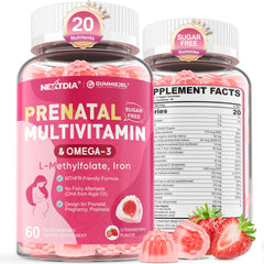 Nextdia envase frontal prenatal gummies mostrando beneficios completos
